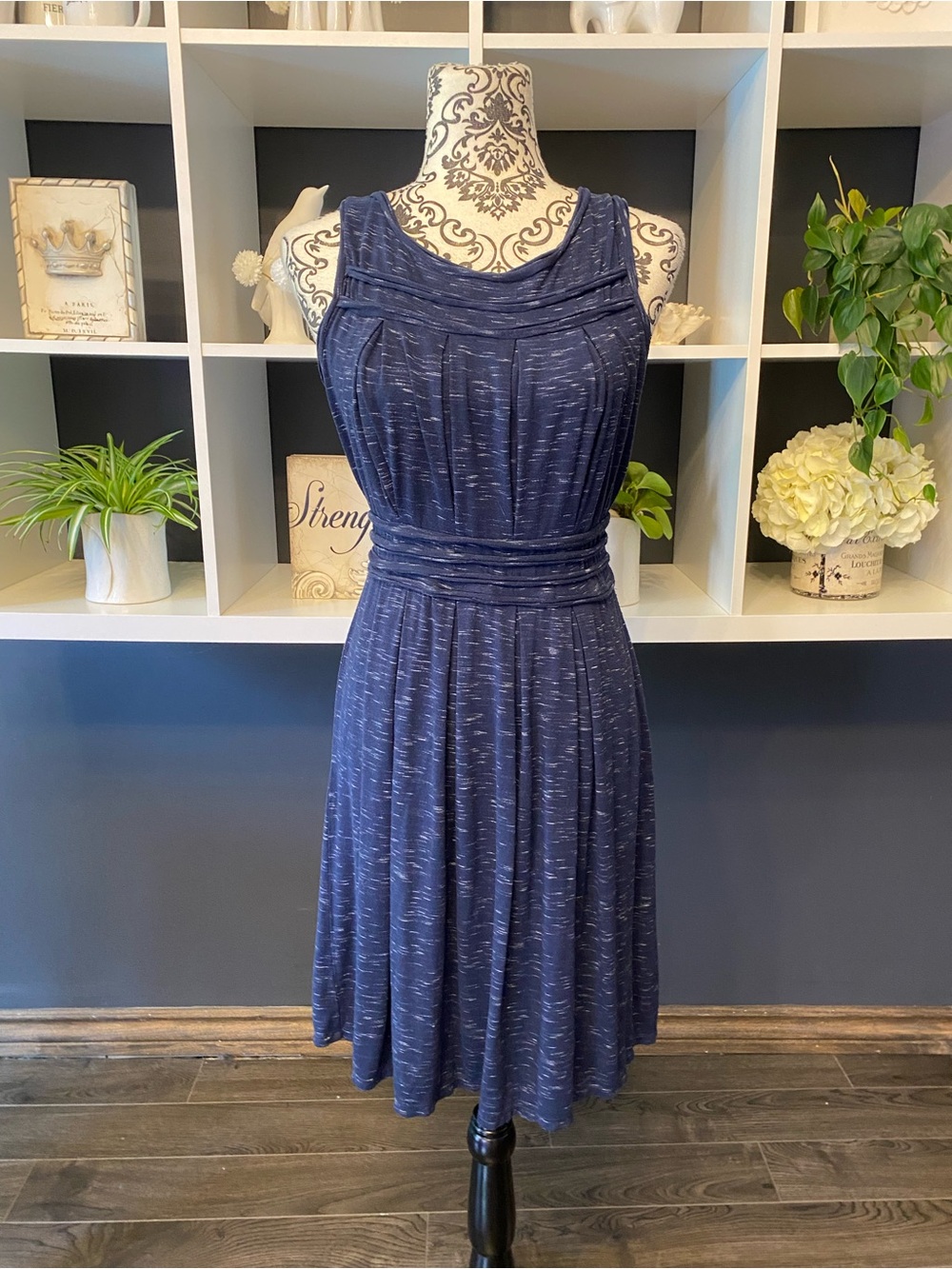 Max Studio Navy Blue Textured Knit Midi Fit & Flare Dress Size S